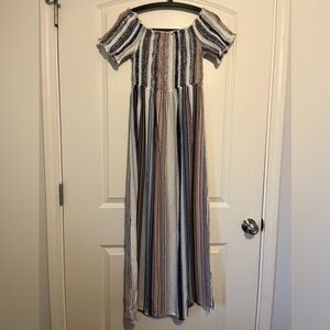 Pink Blush Maternity Navy Striped Smocked Off Shoulder Maxi Dress - Small